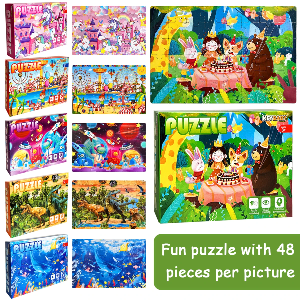 KEYBABY 48-teiliges Puzzle – Spaß – gefüllte Szenen von Karneval, Raum, Dinosaurier und mehr Image