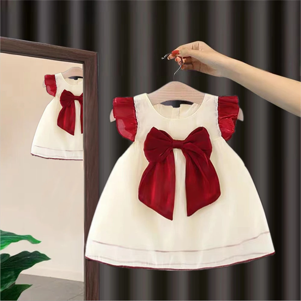 Sommer süßes Baby Mädchen Kleid Mädchen Farbblock große Schleife kleine fliegende Ärmel Strand Prinzessin Kleid Image