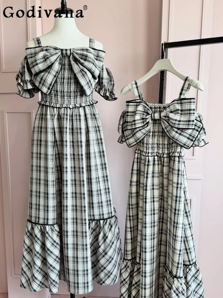 Japanischen Stil Frauen Süße Große Schleife Plaid Langes Kleid Sommer Mädchen Weibliche Slim-Fit Elegante Grundlegende Casual Täglichen y2k Dressrs Jsk