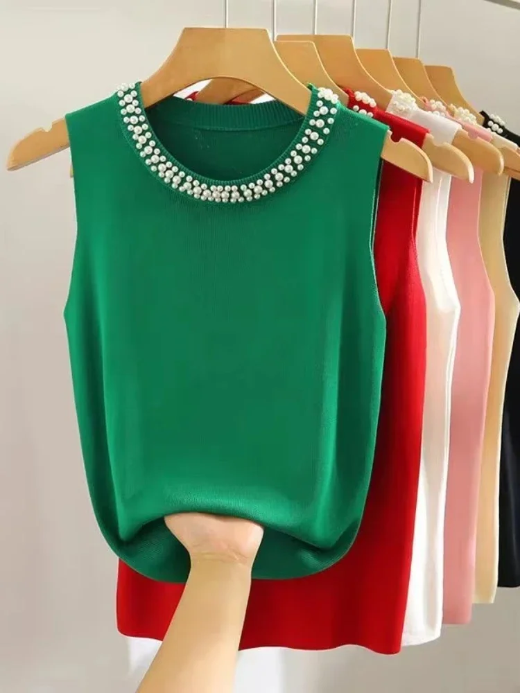 2026 Korea Gestrickte Westen Frauen Top Solide Tank Blusas Mujer De Moda Sommer Neue Mode Weibliche Ärmellose Perlen Casual Dünne Tops