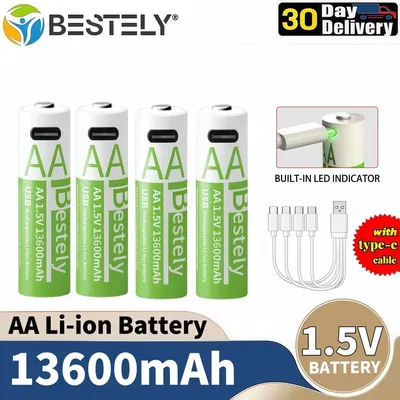 New 1.5V AA 13600mAh USB Rechargeable Lithium Battery , Fast Charging Li-ion AA Battery , 2000 Cycle with USB- C Port Cables