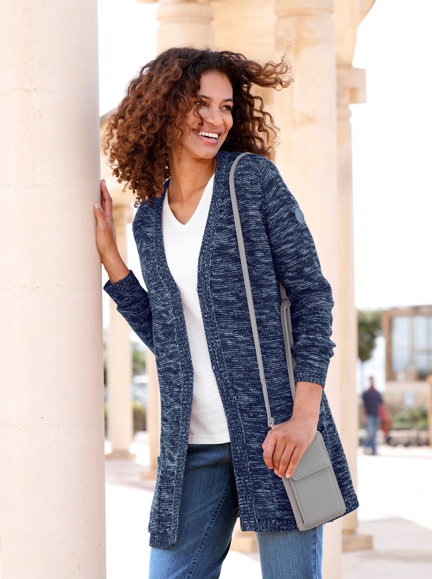Strickjacke CASUAL LOOKS, Damen, Gr. 54, blau (marine, meliert), 54% Baumwolle, 46% Polyacryl, meliert, unifarben, Strickjacken Strickjacke