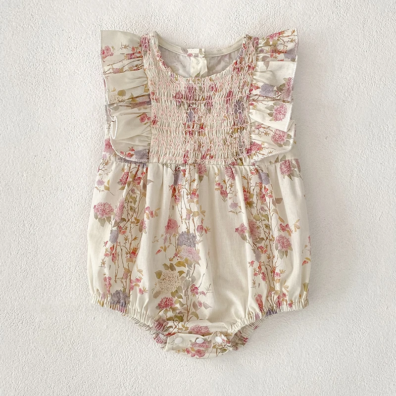 Baby Mädchen Strampler Neugeborene Kleidung Kinder Blume Fliegen Ärmeln Süße Blume Druck Prinzessin Infant Baby Mädchen Strampler Image
