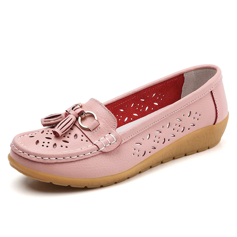 Lässige, flache, leichte, weiche Damen-Schuhe aus echtem Leder, rutschfeste, atmungsaktive Sommer-Slipper für Mütter, große Größe 44