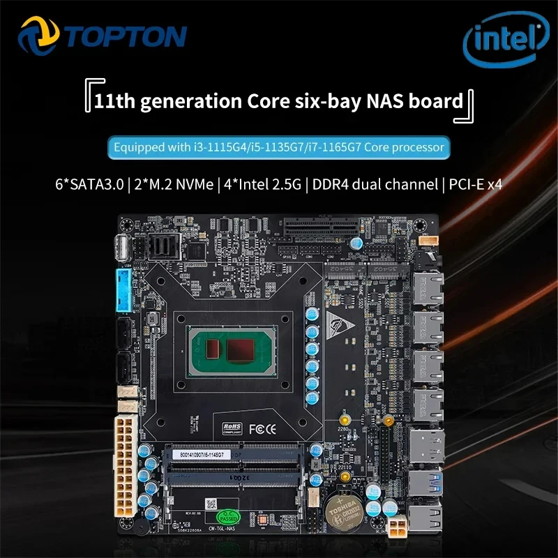 11. Generation 6 Bay NAS Motherboard Intel i7 1165G7 i5 1135G7 i3 1115G4 4x i226 2.5G 6xSATA 2xVMe PCIE X16 2xDDR5 17X17 ITX Mainboard Image