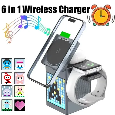 Multifunctional 6 in 1 Magnetic Wireless Charger Speaker Alarm Clock Fast Charging Station For