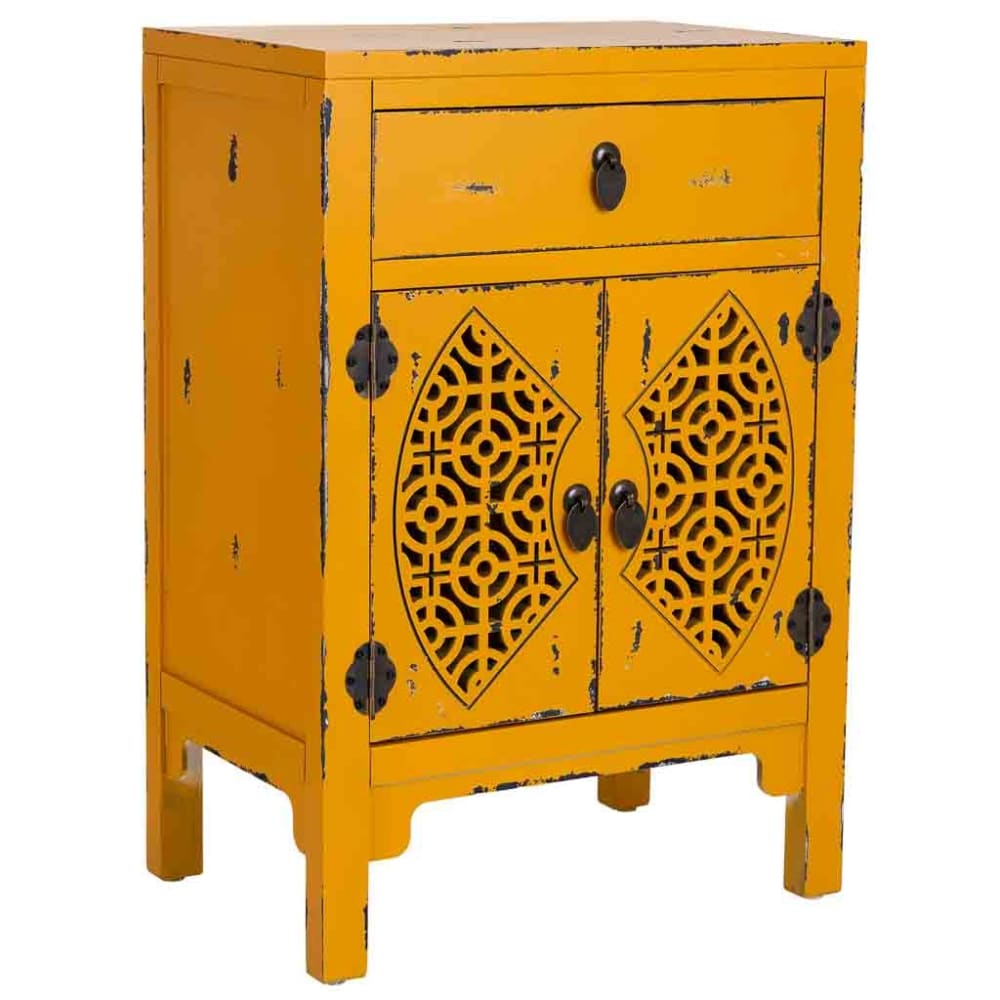 Table de chevet en bois jaune avec 1 tiroir et 2 portes 48x32x70h cm