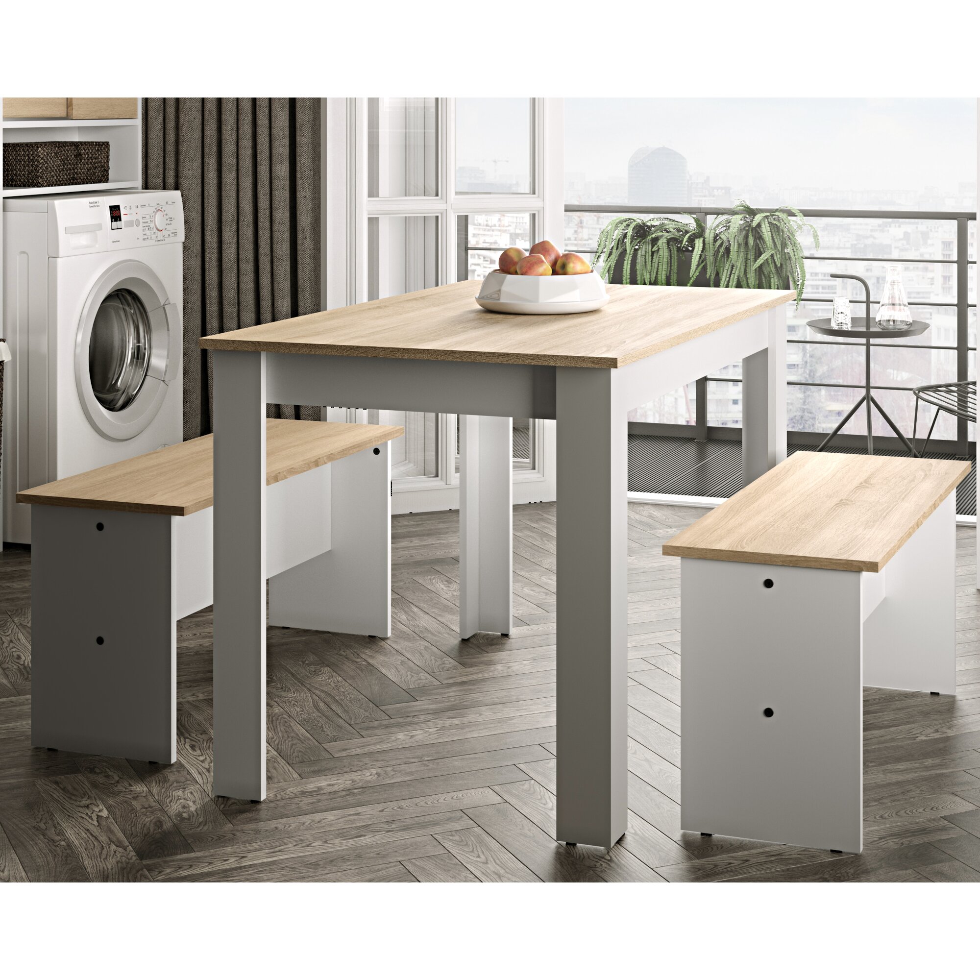 TemaHome »Nice« Esstisch mit zwei Bänken Weiß Eiche Image