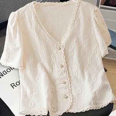 TEMU Women's French-inspired Summer Blouse With Puff Sleeves & V-neck Lace Trim - Lightweight Button-front Cardigan For Casual To Formal Wear, Elegant Outfit , Sophisticated Texture Image