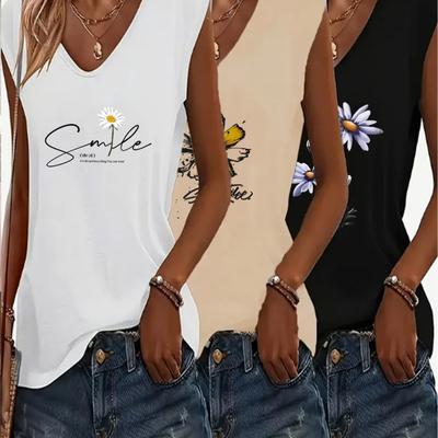 TEMU 3pcs Women's Floral Print V-neck Tank Top Set - Casual Sleeveless Blouses For Summer & Spring, Soft & Comfortable, Ladies Tank Tops Image