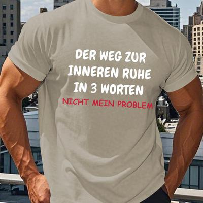 "TEMU Funny German Men's Short Sleeve T-shirt - "der Weg Zur Innern Ruhe In 3 Worten Nicht Mein Problem" Print, Light Grey, 100% Polyester, Round Neck, Casual Summer Top For Adult Men" Image