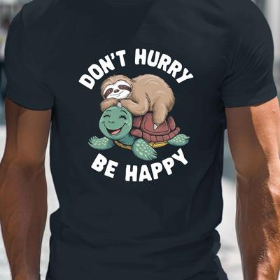 TEMU Casual Short-sleeve T-shirt For Plus-size Men Featuring A Graphic Of A Sloth On A Turtle, Wear For Big And Tall , Plus Size Image