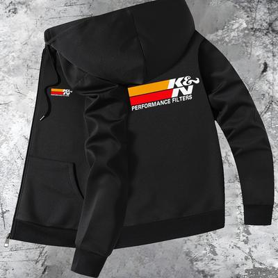 TEMU Men' Gray Performance Filters Hooded Jacket - Trendy Casual Fall/winter Zip-up With Pockets, Striped Cuffs & Waistband, Polyester Blend, Machine Washable Image