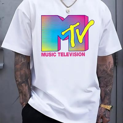 TEMU Men' Mtv Graphic T-shirt - Casual Crew Neck, Short Sleeve, Summer Holiday Tee With Colorful Print, Regular Fit, Casual Wear|vibrant Print Tee|, Plus Size Image