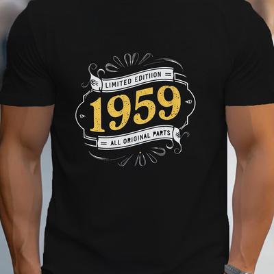 TEMU Men' 1959 Print T-shirt, Casual Crew Neck Short Sleeve Tee, Summer Knit Polyester 100% Regular Fit Top, Geometric Pattern - Black Image