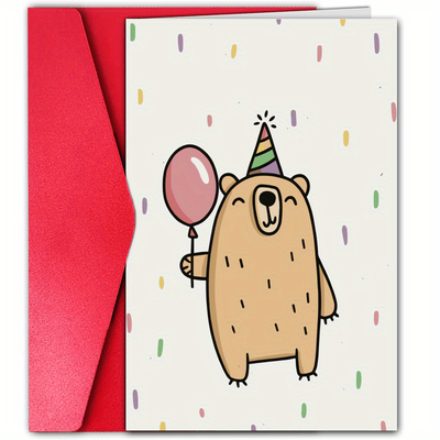 TEMU Bear Birthday Card With Hat & Balloon - , , Or Friend - High-quality Paper Greeting Card, Teddy Bear Birthday Decorations, Anime Theme, Birthday Occasion Image