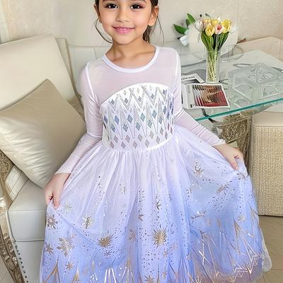 TEMU Elegant Pattern Girls' Long Sleeve Dress - Crew Neck, Tiered Hem, Fit And Flare Silhouette, Polyester With Stretch And Contrast Lace Detail - Parties And Special Occasions Image