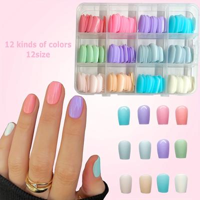 TEMU 288pcs Ultra-thin Press-on Nails Set - 12 Colors, Short Square Shape, - Diy & Salon Use, Hot-selling, Nail Stickers Image