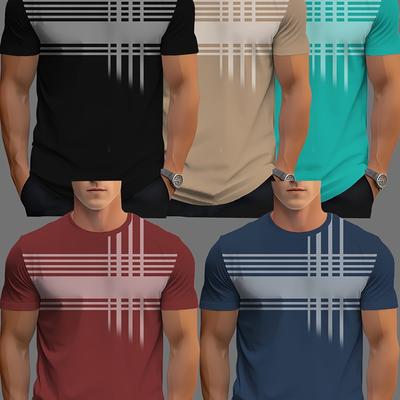 TEMU Men's 5pcs Striped & Novelty T-shirt Set - Casual Crew Neck, Short Sleeve Tees With Applique Detail, Stretch Fabric, Spring/summer, Plus Size Image