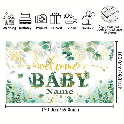 TEMU 1pc Customizable Name Baby Shower Party Banner, Polyester Green Leaf Theme Photography Backdrop, Personalized Text Baby Shower Banner For Cake Table Home Wall Outdoor Sign Decoration Supplies Image