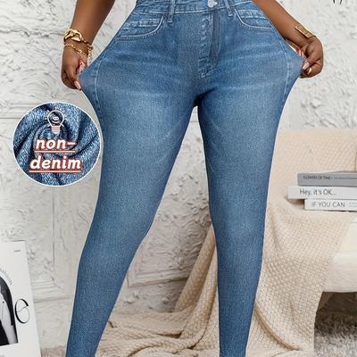 TEMU Women's Plus Size High-waist Stretch Leggings - Light Blue, Slim Fit, Machine Washable, Comfortable & Stylish For Casual Wear, Leggings|slim Fit Pants|stretch Image