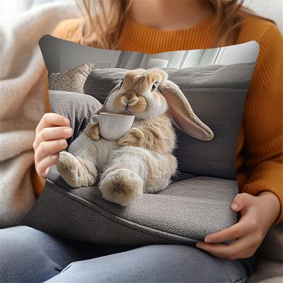 TEMU 1pc Vintage Style Lop Eared Rabbit Pillow Cover, Double-sided Print, Machine Washable, Zippered Polyester Cushion Case For Sofa, Chair, Home Decor - Ideal For Christmas, Valentine's, Easter Image