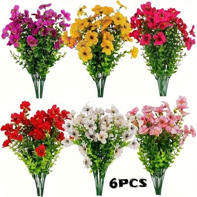TEMU 6 Colorful Artificial Bouquets - Colorful Simulated Violets And Eucalyptus Leaves, Suitable For Indoor And Outdoor Decoration, Ideal For Home, Garden, Porch And Yard, Outdoor Artificial Flowers Image