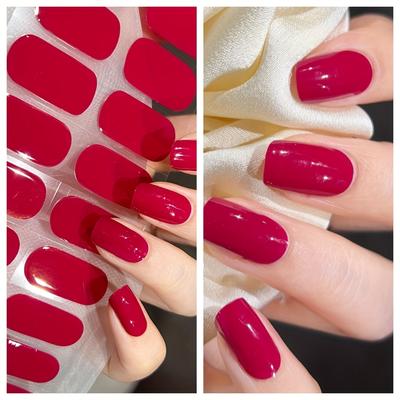 TEMU 22pcs Cherry Red French Nail Stickers - Self-adhesive Full- Resin, Waterproof No Needed With Glitter Accents & For Nail Art - Includes Nail File, Nail Accessories Image