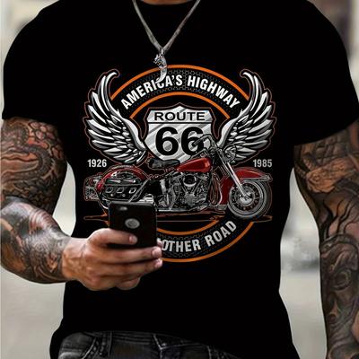 TEMU Men's Motorcycle Graphic T-shirt - Black Cotton Short Sleeve Tee With Vintage 3d Print, Round Neck Casual Summer Shirt For Men Image