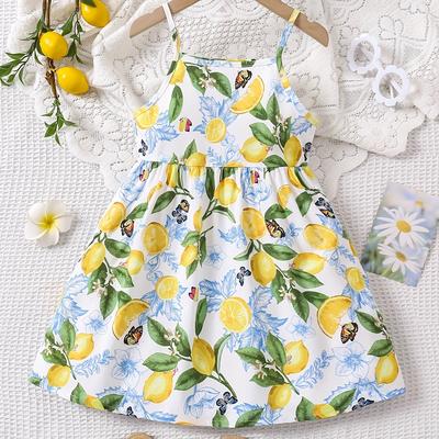 TEMU Girls Sweet And Refreshing Lemon Tropical Print Sleeveless Cami Dress - Stylish And Comfortable Summer Outdoor Vacation Wear For Kids - Gift And Party Outfit Image