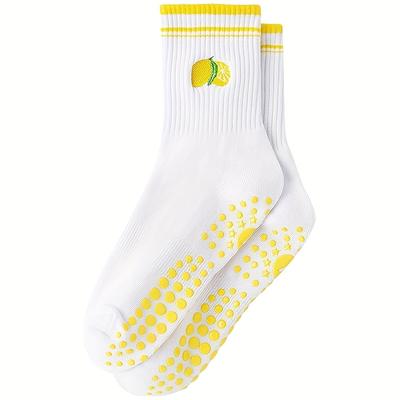 TEMU Women's Non-slip Yoga Socks With Fruit Embroidery Design, Simple Stripe Fashionable Versatile Sports Socks For 4 , Suitable For Workout, Gym And Hospital Us Image