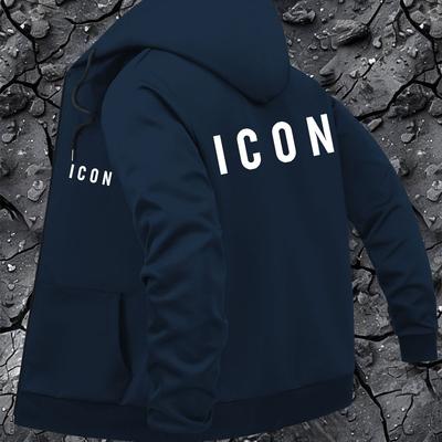 "TEMU Men's Casual Hooded Jacket With "icon" Print - Black Zip-up Bomber With Pockets, Polyester Lining, Regular Fit For Casual Attire, Casual Outerwear | Modern Casual Jacket | Durable Zipper Closure" Image