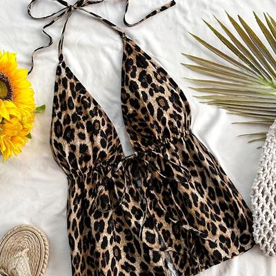 TEMU Women's Casual Leopard Print Halter Neck Backless Tank Top - Adjustable Detail, Lightweight Summer Short Sleeveless Top For Beach & Casual Wear, Fashionable Beachwear Image