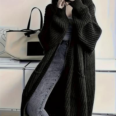 TEMU Women's Casual Long Knit Cardigan With Dual Pockets - Open Front, Solid Color, , Oversized Fit, Hand Wash Or , Comfortable Layering, Versatile Fashion, Ribbed Texture, Cozy Fabric Image