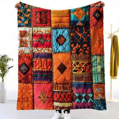 TEMU 1pc Bohemian Quilt - Vibrant Ethnic Style Flannel Blanket With Geometric & Floral Patterns, Soft For Sofa Bed Camping Travel, Home Decor Gift, Intricate Image