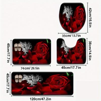 TEMU 3pcs/4pcs 3d Printed Floral Series Red Rose And Leopard Pattern Bathroom Mat Set Toilet Seat Cover U-shaped Foot Mat Image