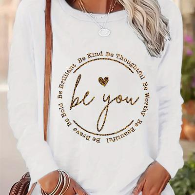 TEMU Women's Casual Long Sleeve Crew Neck T-shirt With Motivational Letter Print & Heart Accents - Soft Beige Relaxed For Spring, Fall & Wear, Ladies T Shirts Image