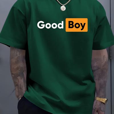 "TEMU Men's "" Graphic Tee - Soft, Breathable Blue T-shirt With Orange & White Print, Casual Crew Neck For Summer, Casual Summer Wear | Print Top | , Tshirt" Image