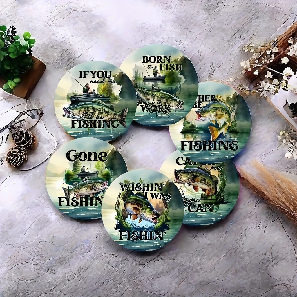 6er-Set mit 2D-Fisch-Themenmuster, Kunstuntersetzer, rund, aus Holz, hitzebeständig, rutschfest, Heimdekoration, Geschenk, multifunktional Image