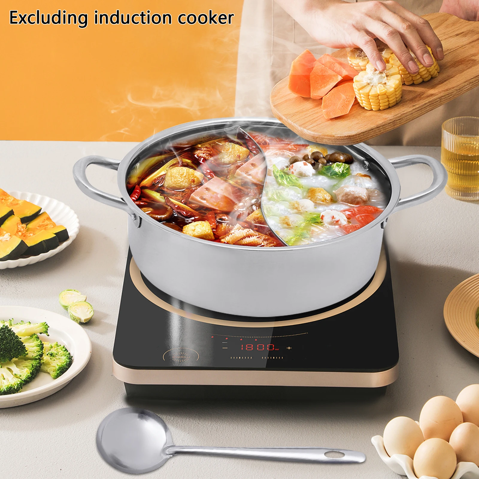 Silberner 32 cm rechtwinkliger Hot Pot aus Edelstahl 304 mit doppeltem Geschmack/mit Löffel-Siebtopf mit Glasdeckel für Küchen in Hotels Image