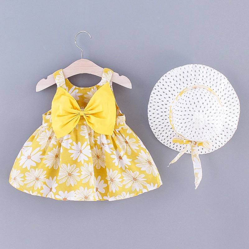 Baby Mädchen Kleid Sommer Bogen Und Voller Druck Gänseblümchen Muster Hosenträger Strand Baby Kleider Nette Lässige Baby Mädchen Kleidung Mit Hut ﻿ Image