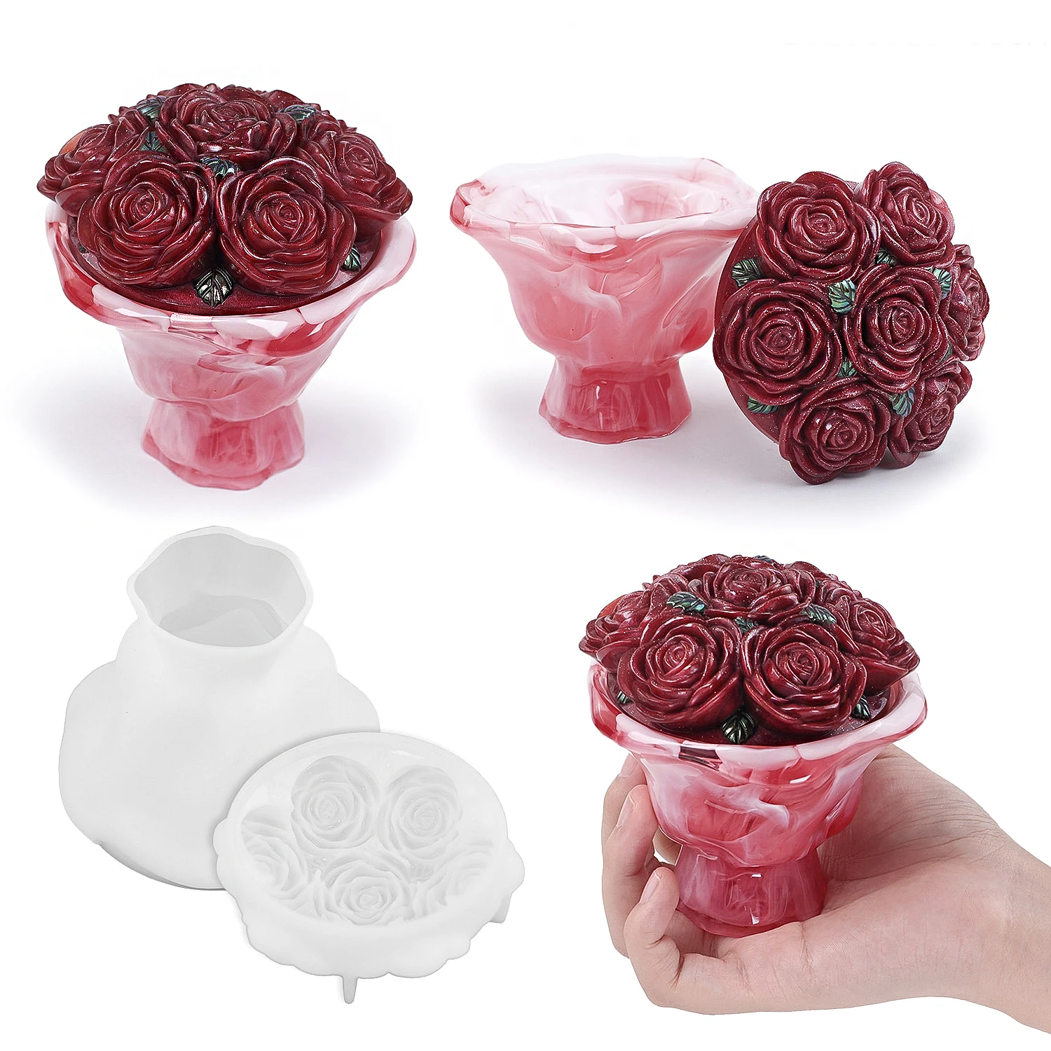 Handheld Blume Lagerung Box Harz Form mit Deckel DIY Rose Bouquet Flasche Duft Kerze Glas Beton Tasse Silikon Form Wohnkultur Image