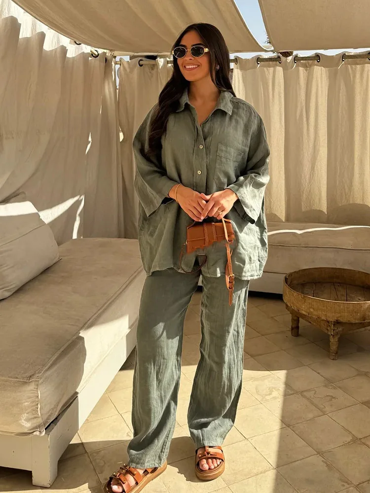 Neue Sommer Herbst Baumwolle Leinen frauen Anzug Mode Hemd Zwei-stück Set Für Frauen Elegante Beiläufige Lose Frau 2 stück Set Outfit Image