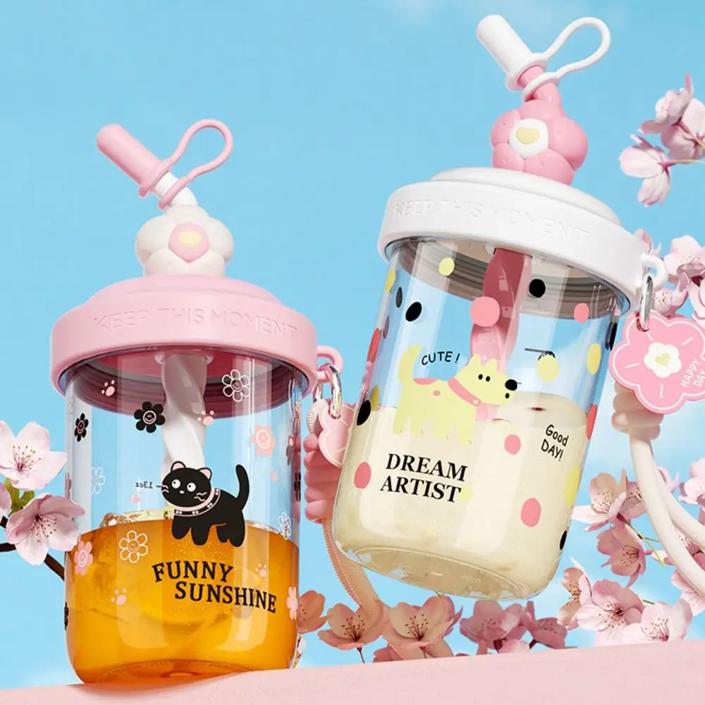 Kawaii 580ML Wasser Flaschen Stroh Staub Kappe Mit Stroh Trinkbecher Hohe kapazität Tragbare Griff Rühren Tasse Protein shakese Image