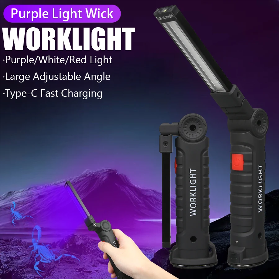 Multifunktionale UV-Taschenlampe, über USB wiederaufladbar, Schwarzlicht-Taschenlampe, 5 Modi, Notfall-Taschenlampe mit rotem und weißem Licht, Arbeitslicht Image
