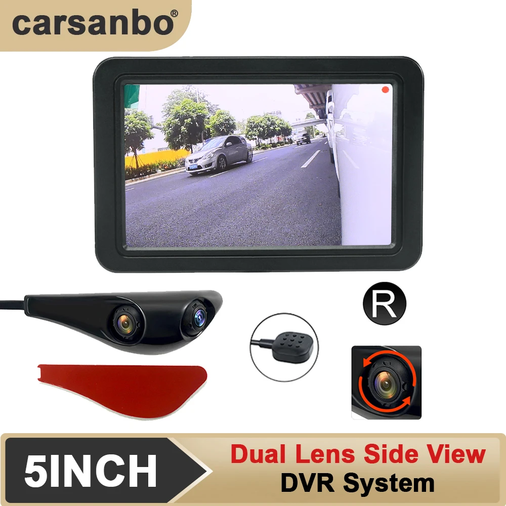 Carsanbo Auto Internes Doppelobjektiv 5-Zoll-Seitenansicht DVR Spiegel Digitalanzeige Monitor Toter-Winkel-Kamera mit Knopfschalter CH1/CH2 Image