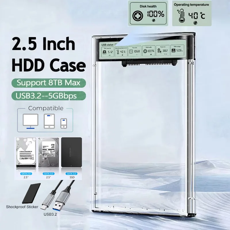 2,5'' HDD SSD Gehäuse Smart Display Externes HDD-Gehäuse USB3.2 Gen2 Festplatte Klare tragbare Aufbewahrungshülle für Laptop PC Image