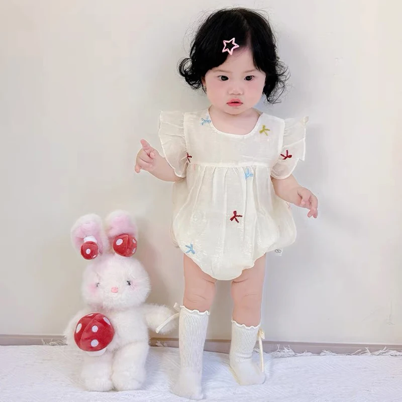 Sommer Baby Mädchen Kleidung Gestickte Schleife Kurzarm Strampler Spitze Body Puppe Kragen Overall Outfit Mädchen Klettern Kleidung Image