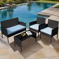 Tappio 4 Piece Patio Conversation Wicker Furniture Set Outdoor Patio Sectional Furniture Set w/Glass-Top Coffee Table & Cushions Cushioned Sofa Table for Patio Blue