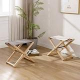 Wood Folding Camping Stools Set of 2 18.5 Hardwood Portable Fishing Folding Stool with Heavy Duty Metal Support Canvas Camp Stool Foldable Footstool for Outdoor Hiking Picnic BBQ
